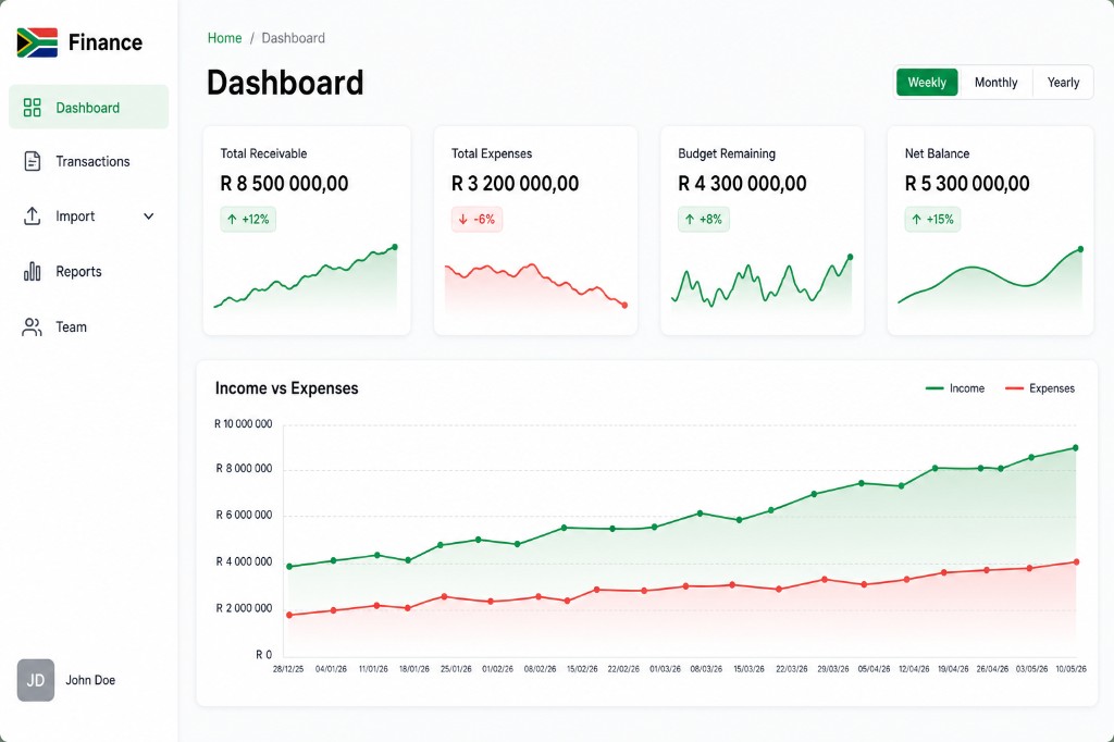 Finance dashboard with summary cards for receivables, expenses, budget, and net balance, plus an income vs expenses chart.
