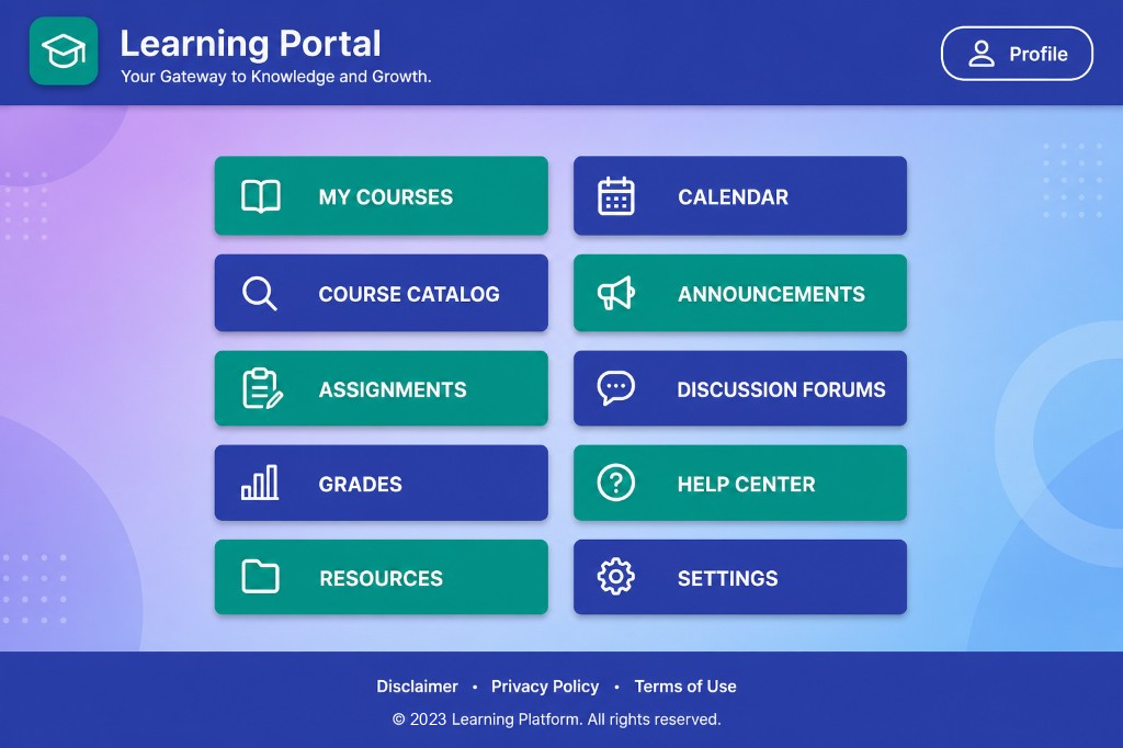 Learning Portal home screen with a grid of navigation tiles for My Courses, Course Catalog, Assignments, Grades, Resources, Calendar, Announcements, Discussion Forums, Help Center, and Settings.